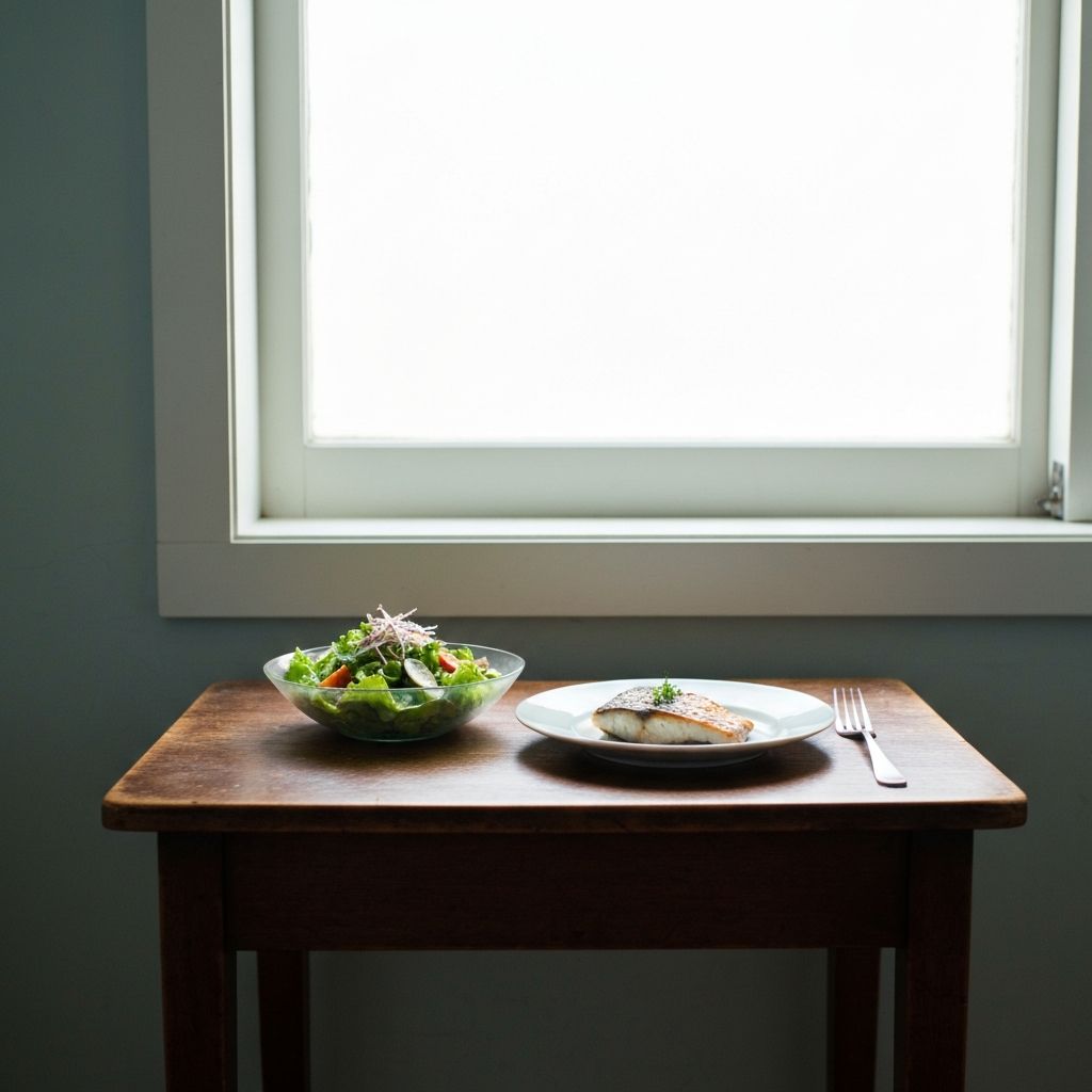 Tranquil meal scene by window with natural light