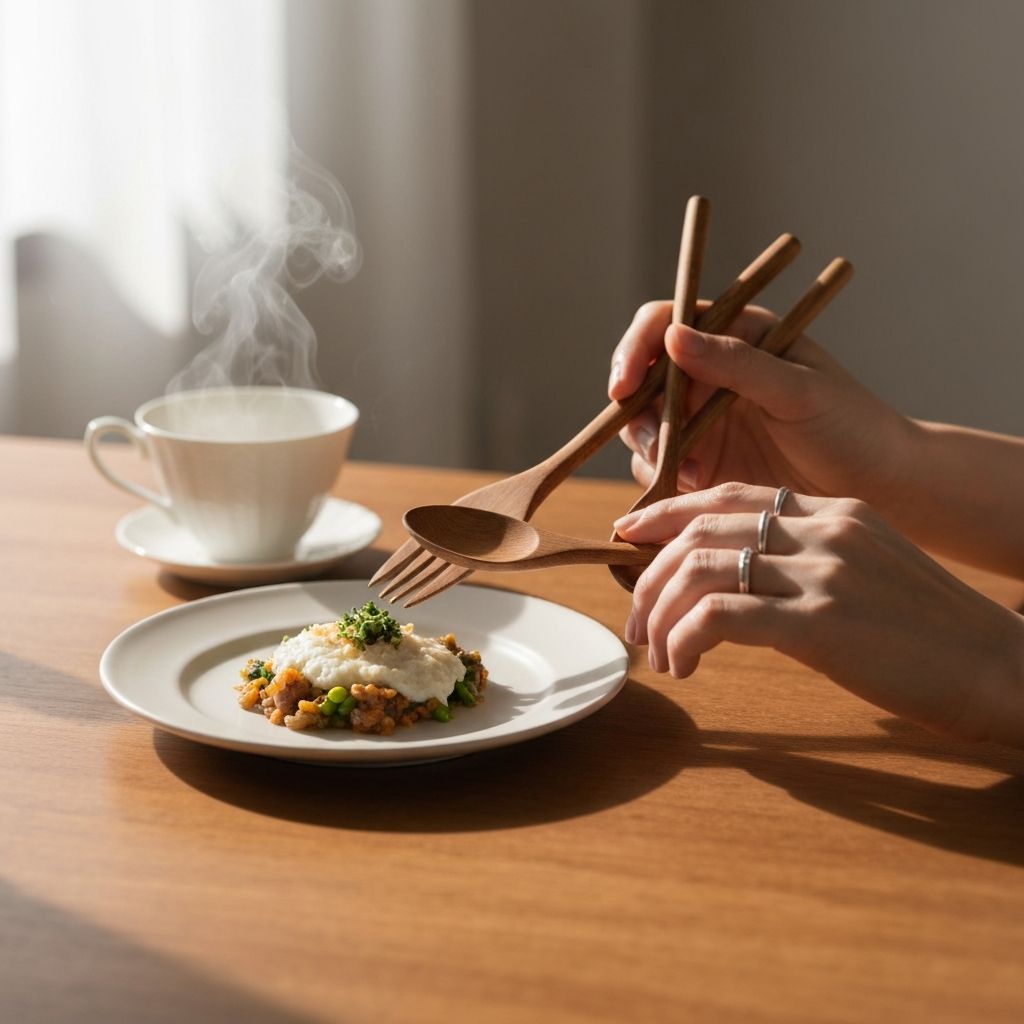 Serene mindful meal setting with tea and food