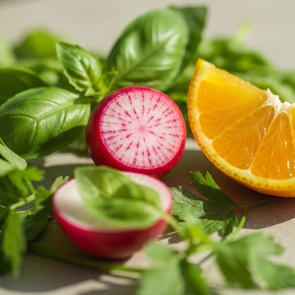 Close-up of fresh vegetables and herbs showing sensory detail